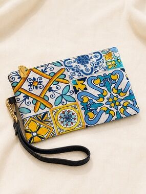 Italian Leather Tile-Print Wristlet Clutch - Blue & Yellow
